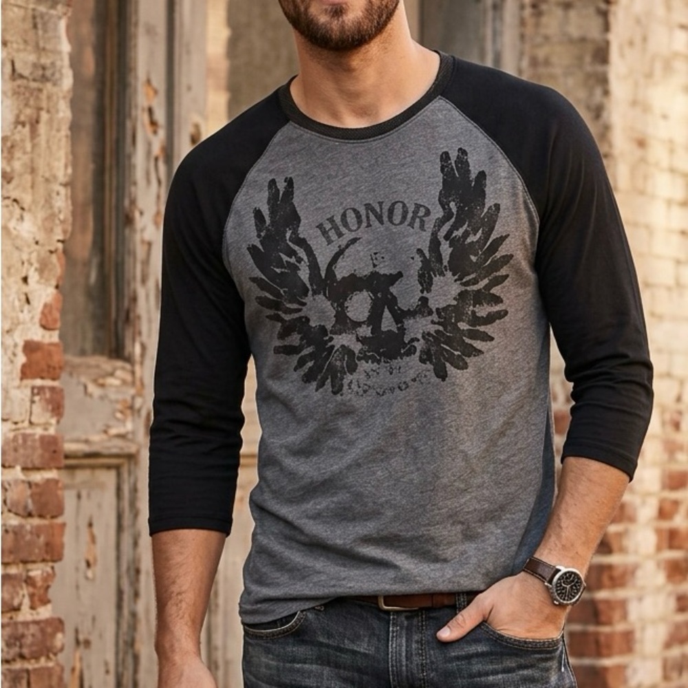 Express Vintage Tee Men XL  Long Sleeve Gray Shirt Mural Preppy Cotton Grunge